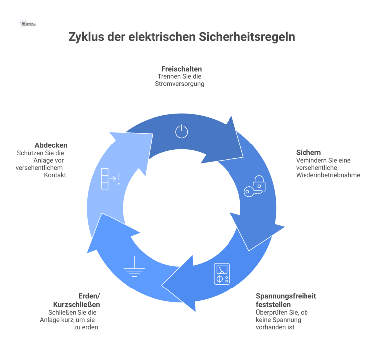 Die 5 Sicherheitsregeln für elektrische Anlagen Flussdiagramm, das die 5 Sicherheitsregeln für Arbeiten an elektrischen Anlagen mit Piktogrammen für jeden Schritt und für Gefahren visualisiert.