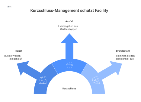 Infografik, die die Ursachen und Folgen eines Kurzschlusses darstellt, umrahmt von einem schützenden Kreis des Facility Managements. 
