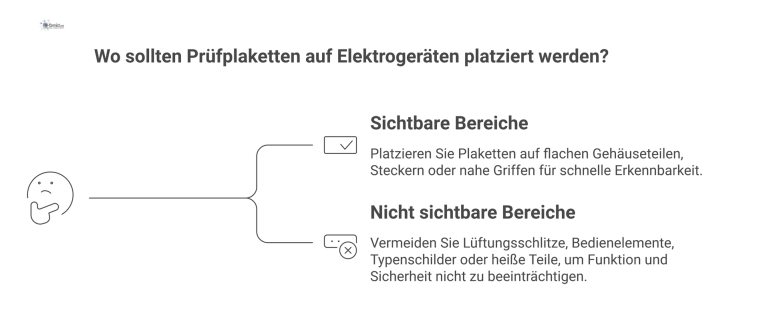 Optimale Platzierung von Prüfplaketten Infografik zur optimalen Platzierung von Prüfplaketten auf Elektrogeräten, die korrekte und falsche Stellen mit Beispielen veranschaulicht.