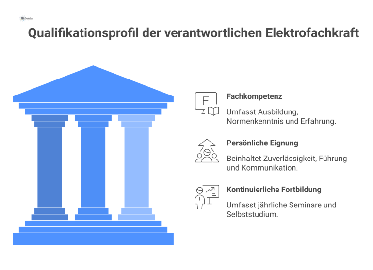 Infografik zum Qualifikationsprofil einer Elektrofachkraft, unterteilt in die drei Kompetenzbereiche Fachkompetenz, persönliche Eignung und kontinuierliche Fortbildung.