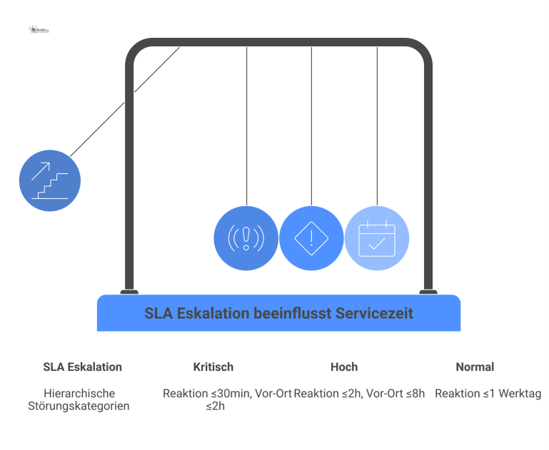SLA Eskalationsprozess mit Zeitvorgaben Diagramm eines SLA Eskalationsprozesses, das drei Störungskategorien mit Reaktionszeiten und Vor-Ort-Zeiten als klare Zeitfenster darstellt.