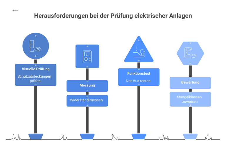 Prüfprotokoll für elektrische Anlagen Infografik des Prüfprotokolls für elektrische Anlagen, das die drei Schritte visuelle Prüfung, Messung und Funktionstest sowie die Bewertung zeigt.
