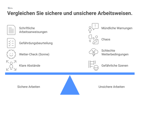 Diagramm als Gegenüberstellung von sicherem Arbeiten mit Anweisungen und gutem Wetter links und unsicherem Arbeiten bei Chaos und Gewitter rechts. 