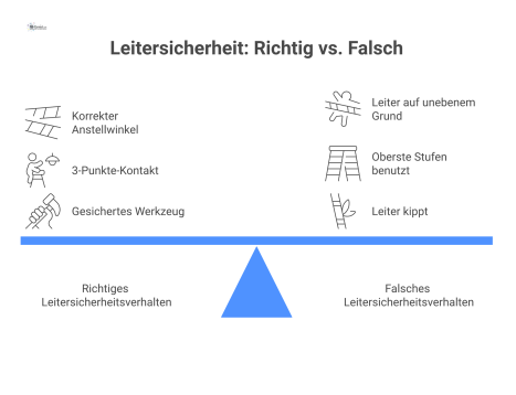  Infografik, die den richtigen und falschen Gebrauch von Leitern mit Piktogrammen zur Sicherheit am Arbeitsplatz gegenüberstellt.