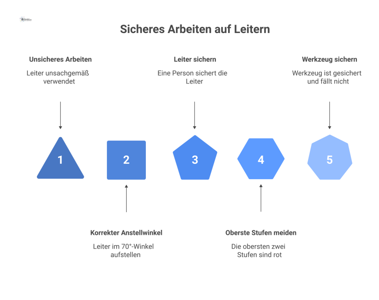 Infografik: Sicheres Arbeiten auf Leitern Infografik, die Regeln für sicheres Arbeiten auf Leitern zeigt: korrekter Anstellwinkel, Sicherung der Leiter und Piktogramme für Gefahren.