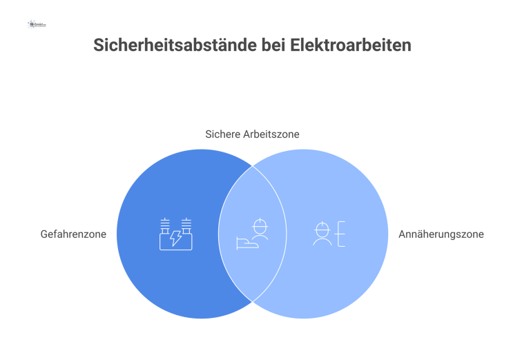Infografik zu Sicherheitsabständen bei Elektroarbeiten mit einer roten Gefahrenzone und einer gelben Annäherungszone um ein spannungsführendes Teil.