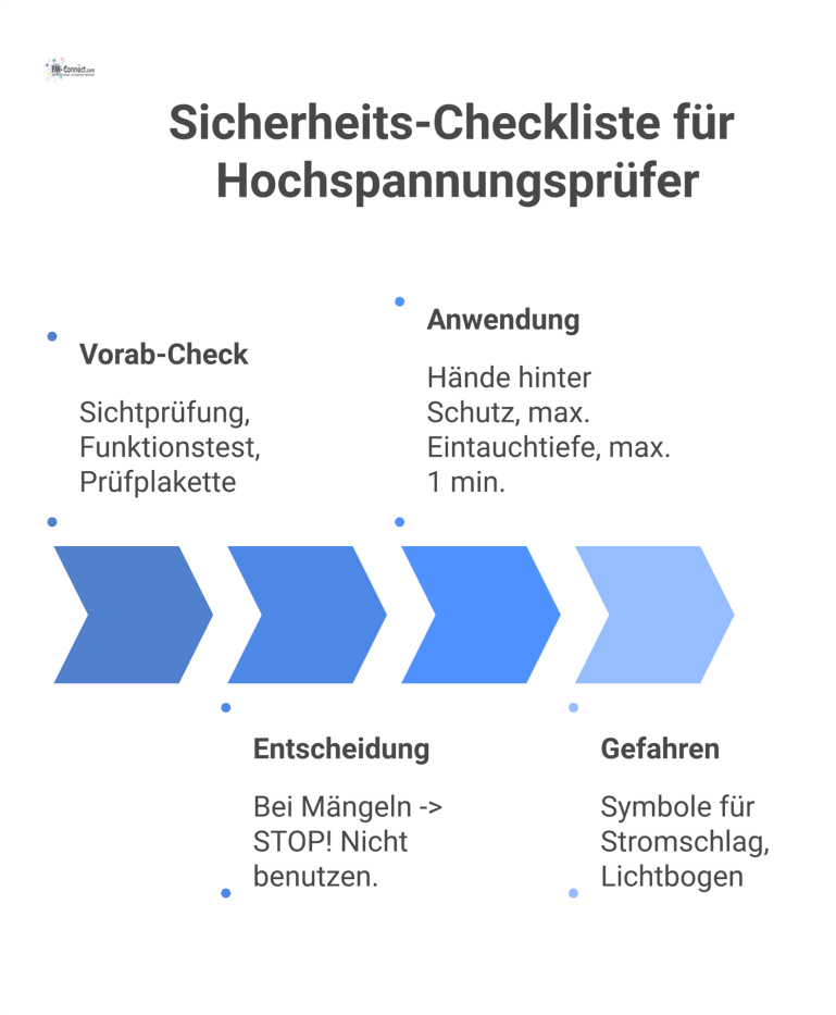 Sicherheits-Checkliste für Hochspannungsprüfer Flussdiagramm als Sicherheits-Checkliste für Hochspannungsprüfer mit Piktogrammen für die Schritte Vorab-Check, Anwendung und Warnungen vor Gefahren.