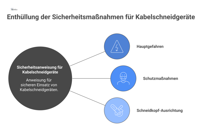 Infografik zeigt Sicherheitsanweisungen für Kabelschneidgeräte an 30kV-Kabeln mit Piktogrammen zu Gefahren wie Stromschlag und Schutzmaßnahmen.