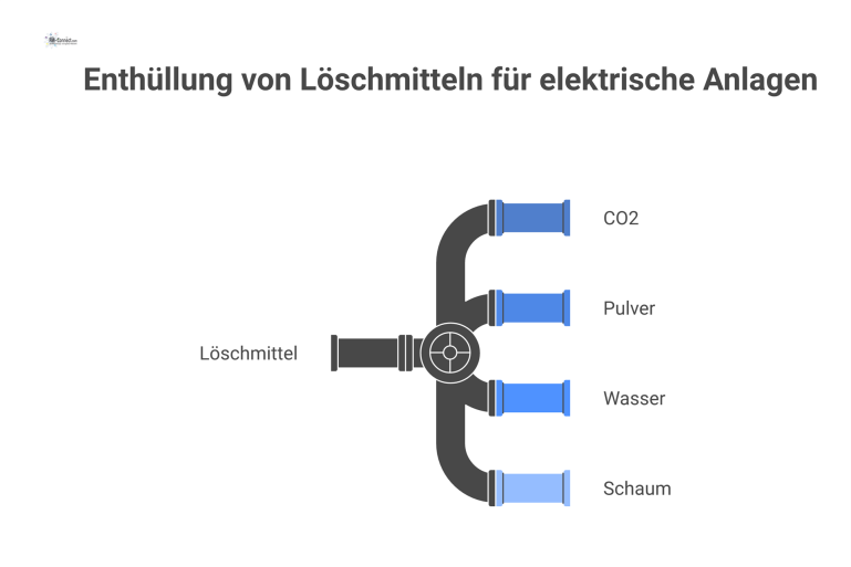 Löschmittel für elektrische Anlagen im Vergleich Matrix-Diagramm, das die Löschmittel CO2, Pulver, Wasser und Schaum für elektrische Anlagen vergleicht, inklusive Eignung und Nachteilen.