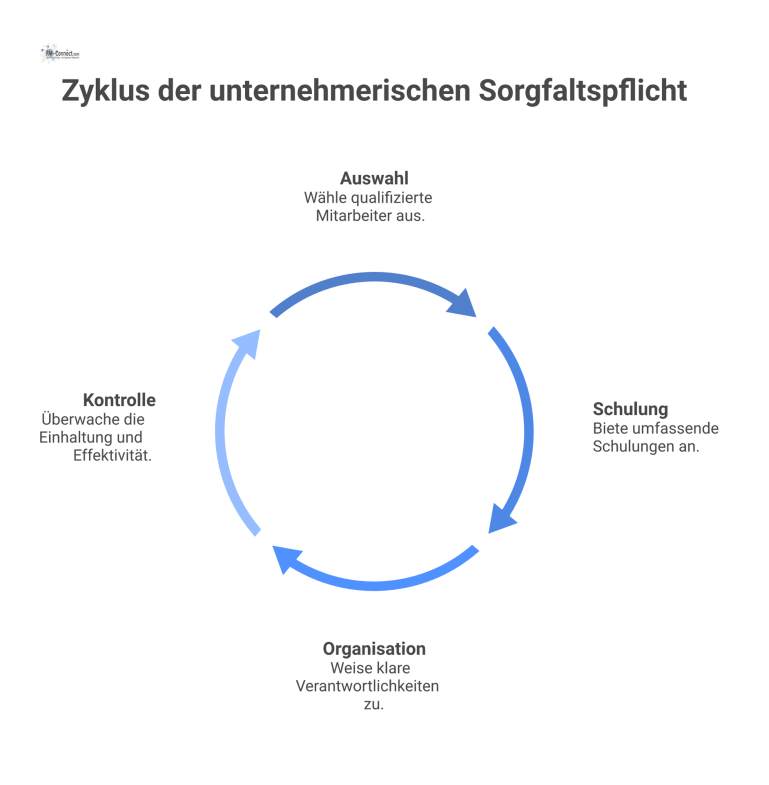 Unternehmerische Sorgfaltspflicht zur Haftungsvermeidung Ein Säulendiagramm zeigt vier Pflichten (Auswahl, Schulung, Organisation, Kontrolle) auf einem Fundament aus Gesetzen, um eine rechtssichere Organisation zu erreichen.