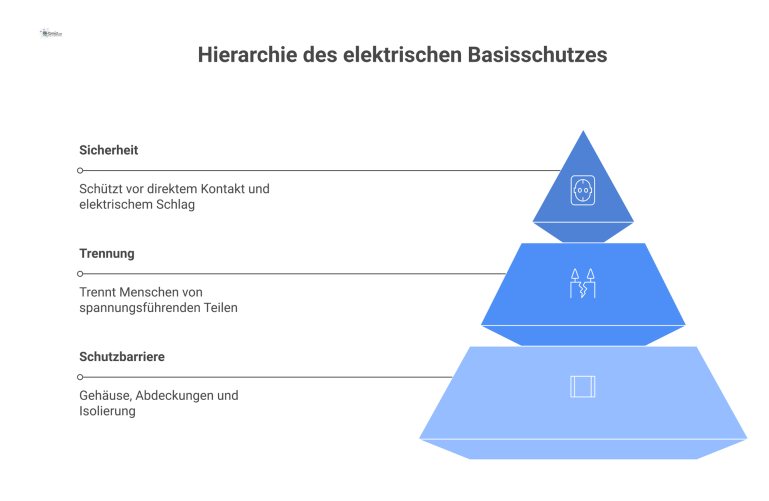Diagramm zum elektrischen Basisschutz Eine Infografik, die zeigt, wie eine Person durch eine Schutzbarriere vor dem direkten Kontakt mit spannungsführenden Teilen geschützt wird.