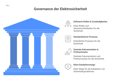Diagramm der Elektrosicherheits-Governance mit den vier Säulen: Rollen, Prozesse, Dokumentation und Eskalationswege für die systematische Risikosteuerung.