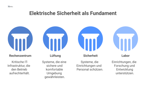  Infografik, die elektrische Sicherheit als Fundament darstellt, welches Säulen kritischer Systeme trägt, um Betriebskontinuität als schützendes Dach zu gewährleisten.