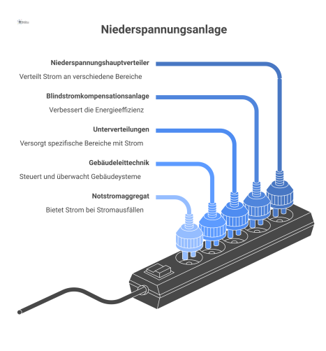 Schematisches Blockdiagramm einer Niederspannungsanlage, das Hauptverteiler, Blindstromkompensation und die Schnittstellen zu Unterverteilungen und Notstromaggregat darstellt. 