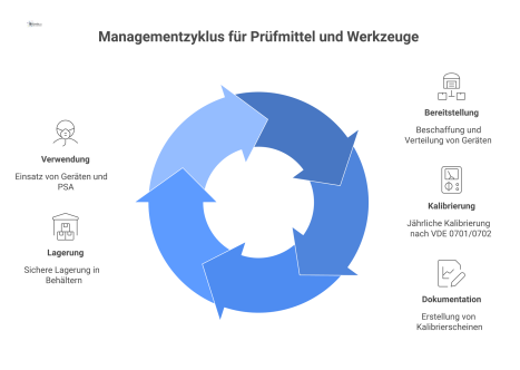 Prozessdiagramm des Managementzyklus für Prüfmittel, Werkzeuge und PSA, das die Schritte Bereitstellung, jährliche Kalibrierung und Dokumentation zeigt.