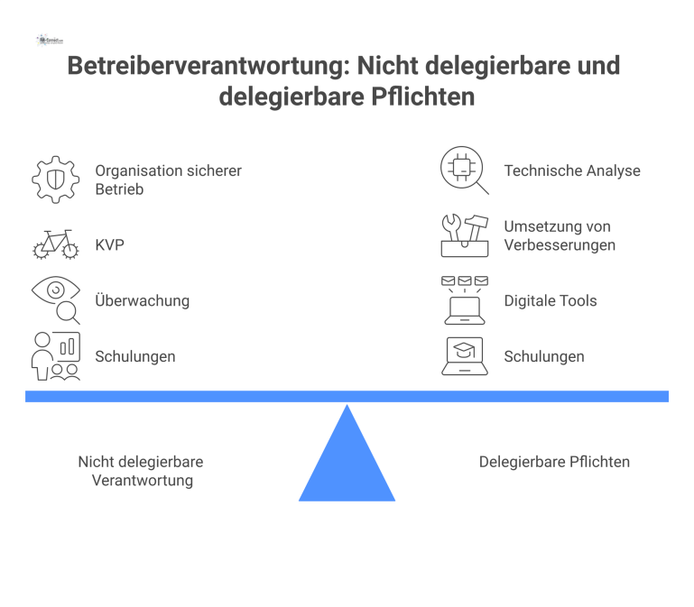 Organigramm zur Betreiberverantwortung, das in nicht delegierbare Verantwortung und delegierbare Pflichten mit den jeweiligen Unterpunkten unterteilt ist.