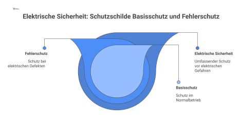 Infografik mit Mensch im Zentrum, geschützt durch die zwei konzentrischen Schutzschilde Basisschutz und Fehlerschutz gegen elektrische Gefahr.