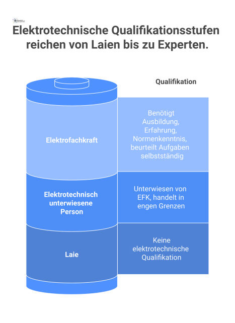 Infografik, die die drei Stufen der elektrotechnischen Qualifikation vergleicht: Elektrofachkraft (EFK), elektrotechnisch unterwiesene Person (EuP) und Laie.