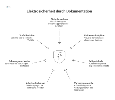 Infografik zur Elektrosicherheit mit einem zentralen Hub und sieben Knotenpunkten wie Risikobewertung, Prüfprotokolle und Schulungsnachweise.
