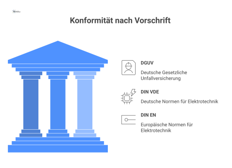 Diagramm zum Konzept 'Konformität nach Vorschrift', welches durch die Rahmenwerke DGUV, DIN VDE und DIN EN gestützt wird, die verschiedene Kernmaßnahmen steuern. 