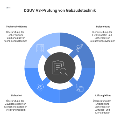 Infografik zur DGUV V3 Prüfung von Gebäudetechnik, die vier Kategorien zeigt: Beleuchtung, Lüftung/Klima, Sicherheit und Technische Räume.
