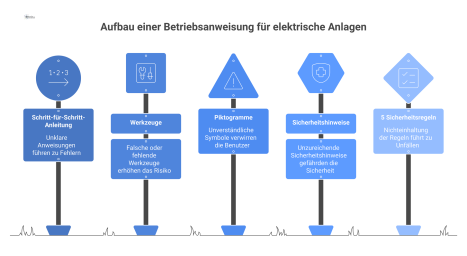 Infografik zum Aufbau einer Betriebsanweisung für elektrische Anlagen, welche die Kernelemente und die fünf Sicherheitsregeln als Liste darstellt. 