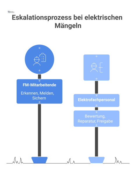 Tabelle zum Eskalationsprozess bei elektrischen Mängeln, die Aufgaben von FM-Mitarbeitenden und qualifiziertem Elektrofachpersonal klar gegenüberstellt und abgrenzt. 