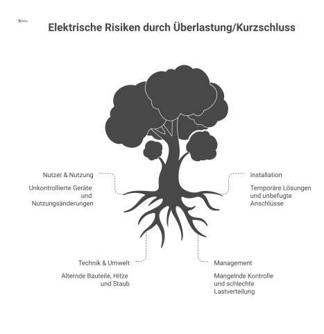 Ursache-Wirkungs-Diagramm zu elektrischen Risiken mit den Hauptursachen Nutzer, Installation, Technik und Management als zusammenwirkende Faktoren. 
