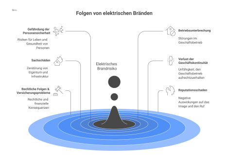 Eine Mindmap, die das elektrische Brandrisiko im Zentrum darstellt, mit Pfeilen zu den Folgen wie Personengefährdung, Betriebsunterbrechung und Sachschäden. 