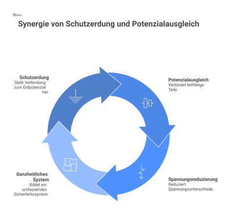 Diagramm zum Zusammenspiel von Schutzerdung und Potenzialausgleich, die zusammen ein ganzheitliches elektrisches Sicherheitssystem gegen gefährliche Spannungen bilden.