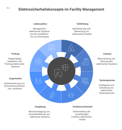 Infografik mit acht Pfaden zu den Konzeptarten der Elektrosicherheit: Gefährdung, Zustand, Systemgrenzen, Funktionssicherheit, Umgebung, Organisation, Prüfung und Lebenszyklus.