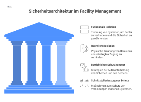 Infografik der Sicherheitsarchitektur im Facility Management mit den vier Säulen: Funktionale Isolation, Räumliche Isolation, Betriebliches Schutzkonzept und Schnittstellenbezogener Schutz.