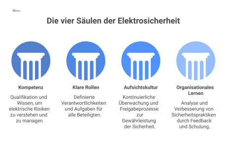 Infografik zeigt Elektrosicherheit als stabiles Gebäude, getragen von den vier Säulen Kompetenz, klare Rollen, Aufsichtskultur und organisationales Lernen.