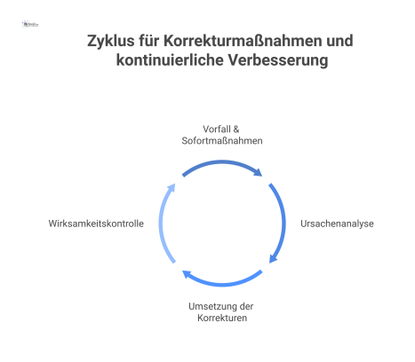 Eine Infografik, die den Zyklus für Korrekturmaßnahmen in vier Schritten darstellt: Vorfall, Ursachenanalyse, Umsetzung der Korrekturen und Wirksamkeitskontrolle. 