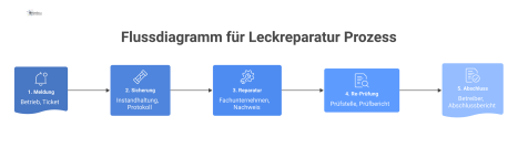 Horizontales Flussdiagramm, das den Prozess der Leckreparatur in fünf sequenziellen Schritten von Meldung bis Abschluss mit Verantwortlichen darstellt. 