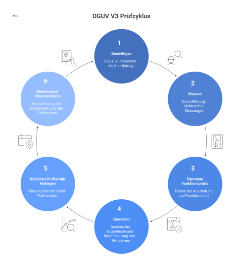 Flussdiagramm, das den Prozess der Prüfung elektrischer Betriebsmittel nach DGUV V3 in sechs sequenziellen Schritten von Besichtigen bis Dokumentieren zeigt.