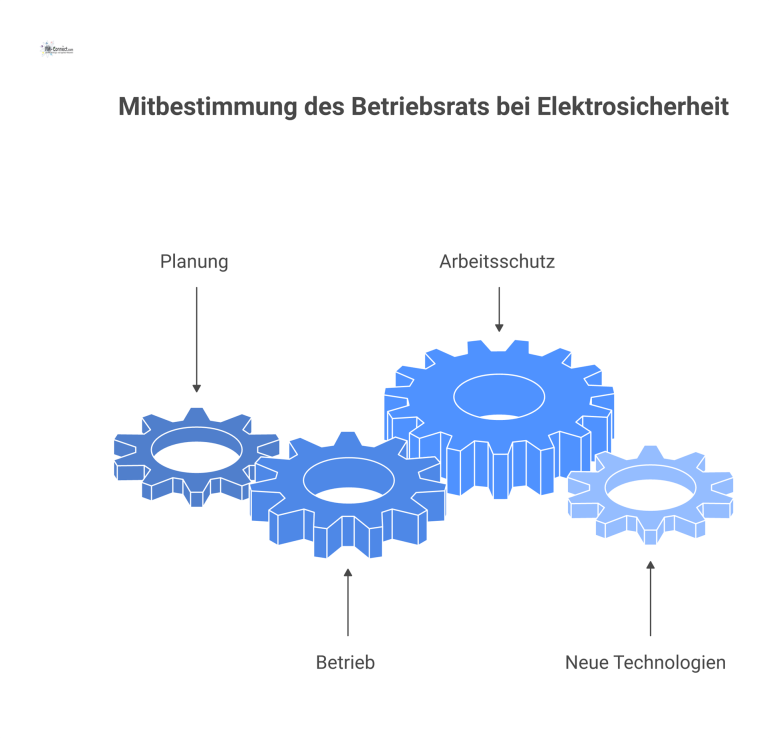 Infografik über die Mitbestimmung des Betriebsrats bei Elektrosicherheit, strukturiert in die vier Bereiche Planung, Betrieb, Arbeitsschutz und neue Technologien.