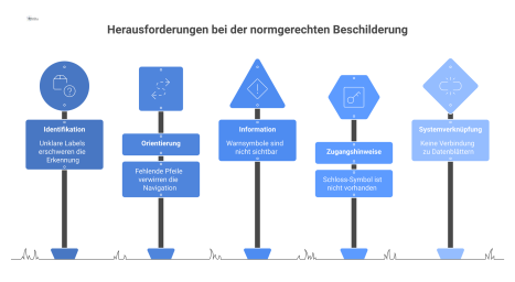 Infografik eines Technikraums, die die fünf Funktionen von Beschilderung illustriert: Identifikation, Orientierung, Information, Zugangshinweise und Systemverknüpfung.