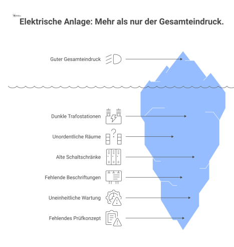 Infografik zeigt eine elektrische Anlage mit gutem Gesamteindruck, aber vielen Detailmängeln wie fehlenden RCDs und einem fehlenden Prüfkonzept.
