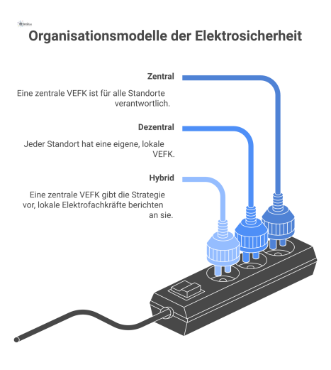 Organigramm, das drei Modelle für die Organisation der Elektrosicherheit (VEFK) vergleicht: zentral, dezentral und ein empfohlenes Hybridmodell. 