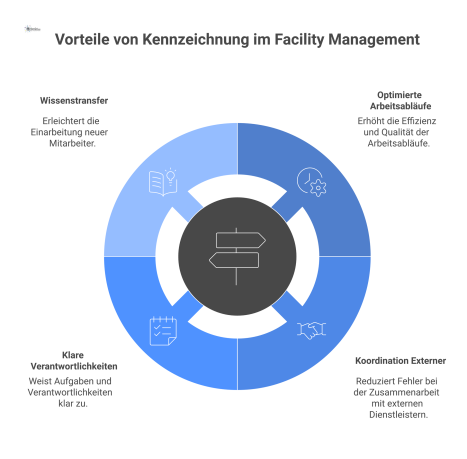 Infografik zu den Vorteilen von Kennzeichnung im Facility Management, aufgeteilt in die Bereiche Arbeitsabläufe, Koordination, Verantwortlichkeiten und Wissenstransfer. 
