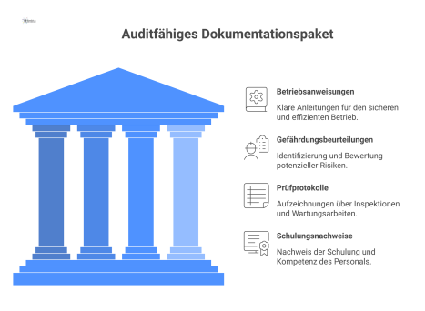 Diagramm, das die vier Komponenten eines auditfähigen Dokumentationspakets zeigt: Betriebsanweisungen, Gefährdungsbeurteilungen, Prüfprotokolle und Schulungsnachweise. 