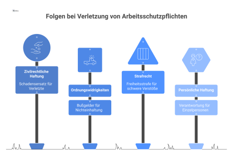 Flussdiagramm zeigt rechtliche Folgen bei Arbeitsschutzverletzungen: zivilrechtliche, ordnungsrechtliche und strafrechtliche Konsequenzen für Unternehmen und verantwortliche Personen. 