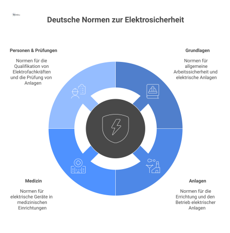Eine Mindmap über die wichtigsten deutschen Normen zur Elektrosicherheit, mit Hauptästen zu Grundlagen, Anlagen, Medizin und Prüfungen.
