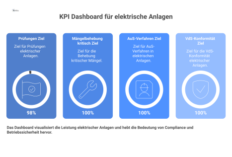 Ein Dashboard mit vier Tachometer-Diagrammen visualisiert die KPIs für elektrische Anlagen: Prüfungen, Mängelbehebung, AuS-Verfahren und VdS-Konformität.