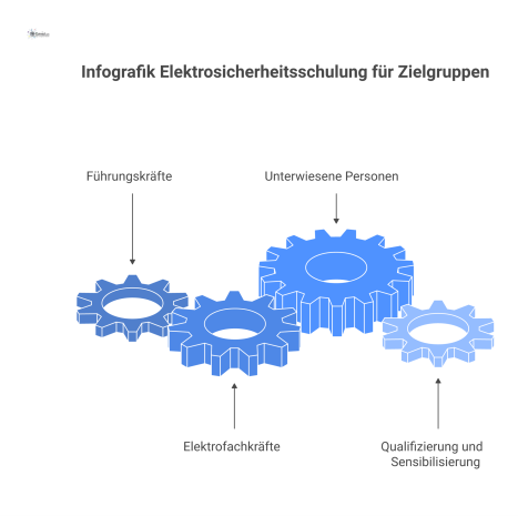  Infografik zur Elektrosicherheitsschulung, die die Zielgruppen Führungskräfte, Elektrofachkräfte und unterwiesene Personen mit ihren Schulungsinhalten wie den 5 Sicherheitsregeln verbindet. 