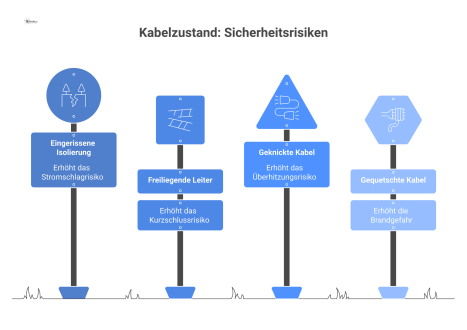 Infografik warnt vor Gefahren durch defekte Kabel wie Risse und zeigt Risiken wie Stromschlag, Kurzschluss und Brand.