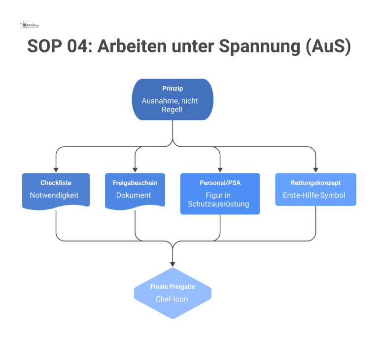  Infografik-Flussdiagramm zur SOP 04 'Arbeiten unter Spannung', das die Voraussetzungen und den Freigabeprozess mit Piktogrammen visualisiert. 
