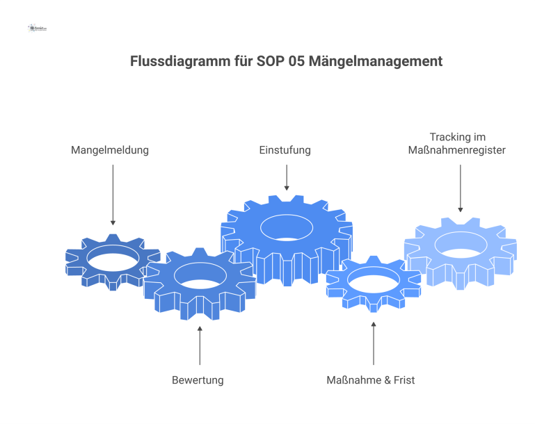 Flussdiagramm für SOP 05 Mängelmanagement Horizontales Flussdiagramm für Mängelmanagement mit fünf Schritten: Mangelmeldung, Bewertung, Einstufung, Maßnahme und Frist, und Tracking im Maßnahmenregister.
