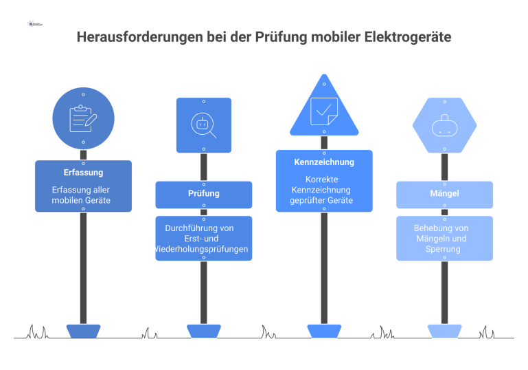 Flussdiagramm SOP 23: Prüfung mobiler Elektrogeräte Flussdiagramm zur SOP 23, das den Prozess der Prüfung mobiler Elektrogeräte von Erfassung bis Kennzeichnung und bei Mängeln zeigt.